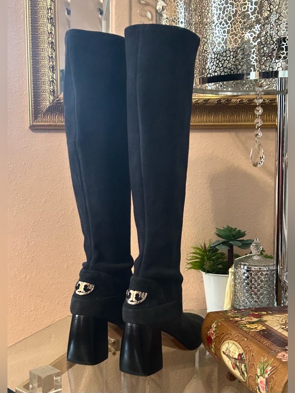 Tory Burch Sidney Navy Blue Knee High Block Heel Boots Ankle Logo Size 9